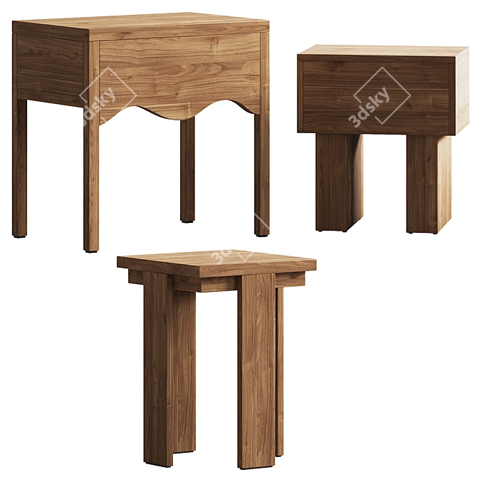 Natural Wood Bedside Table Set 3D model image 1