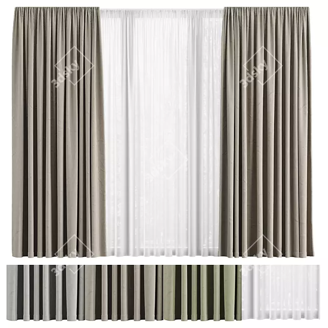 Fabric Curtain and Voile Set 3D model image 2