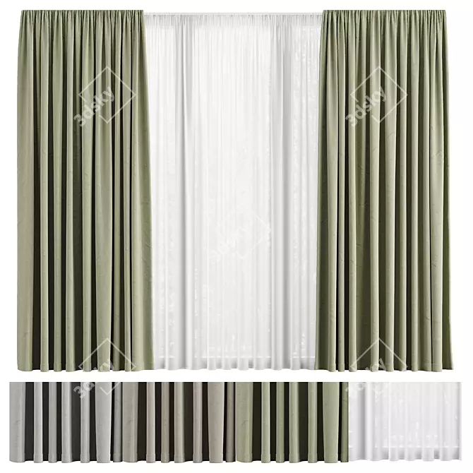 Fabric Curtain and Voile Set 3D model image 3