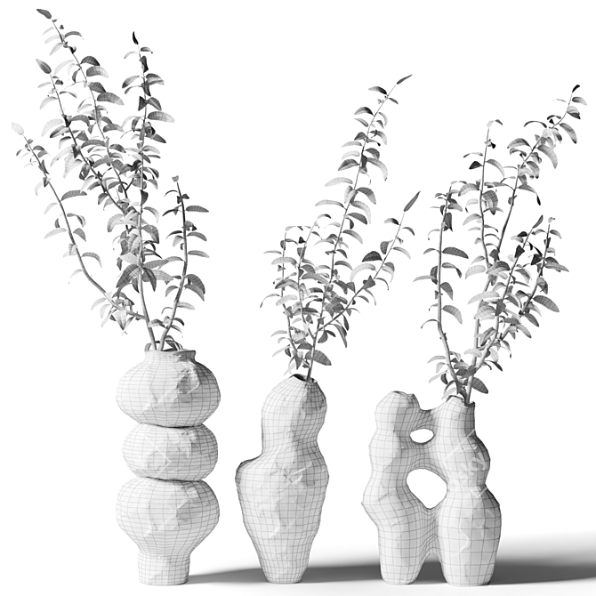 Wave Clay Vases with Foliage 3D model image 2