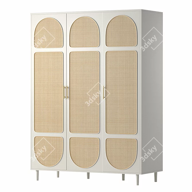 White Rattan 3-Door Wardrobe 3D model image 1