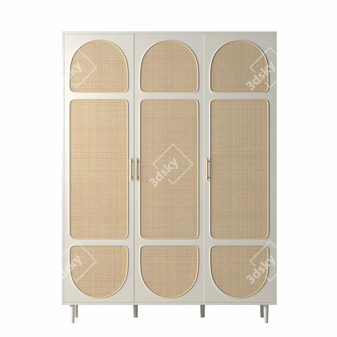 White Rattan 3-Door Wardrobe 3D model image 2