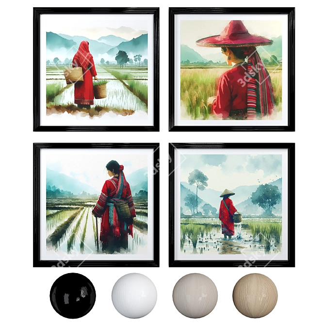 Paddy Landscape Watercolor Frames 3D model image 1