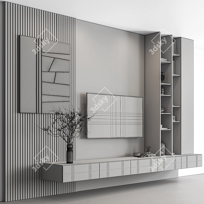 Modern Black Wood TV Wall 3D model image 5