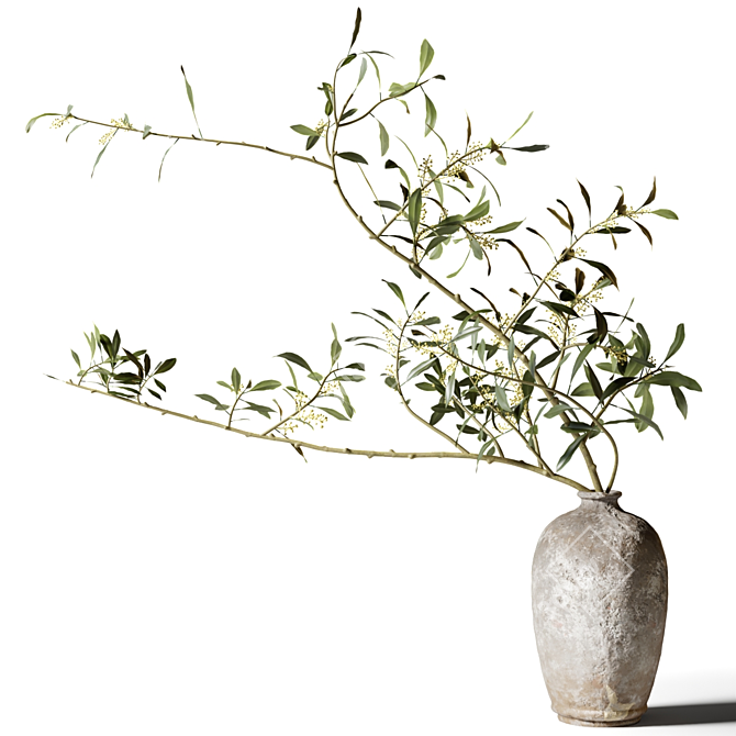 Clay Vase with Leafy Branches 3D model image 1