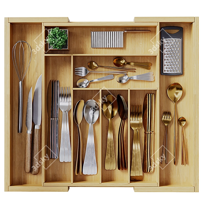 Bamboo Adjustable Silverware Drawer Organizer 3D model image 2