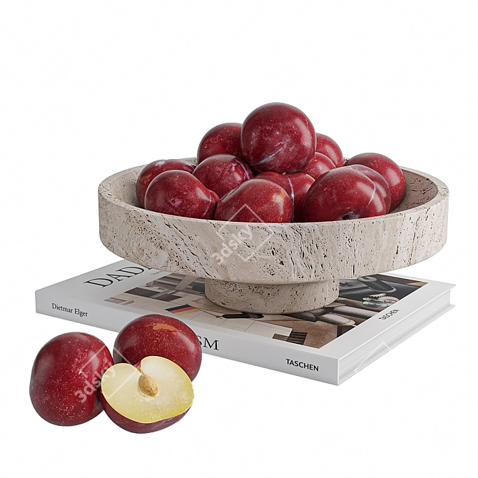 Travertine Bowl with Plums 3D model image 1