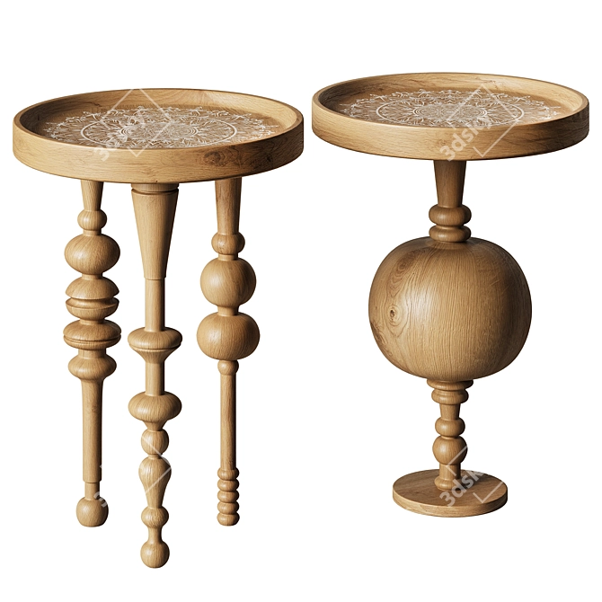 Arabesque Oak Wood Side Tables 3D model image 1