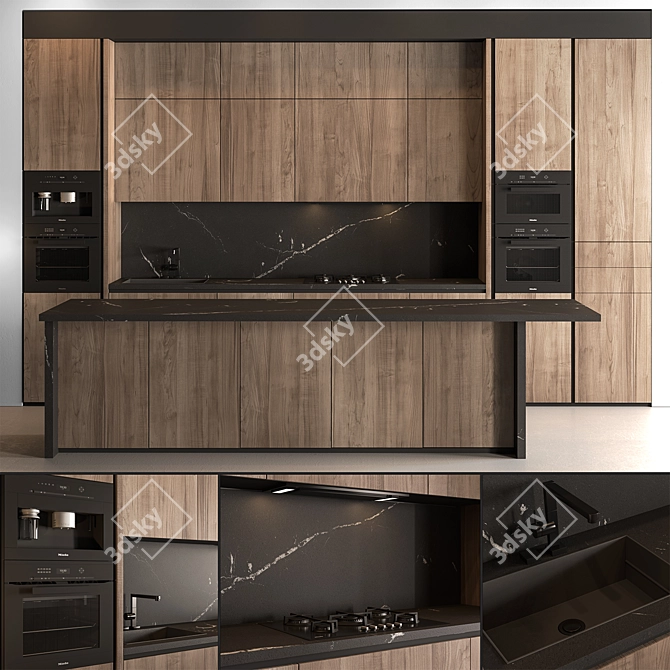  Contemporary Wood Black Kitchen 3D model image 5
