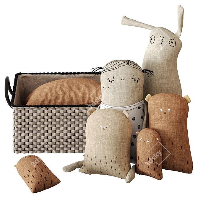 Textile Toy Set with Woven Basket 3D model image 1