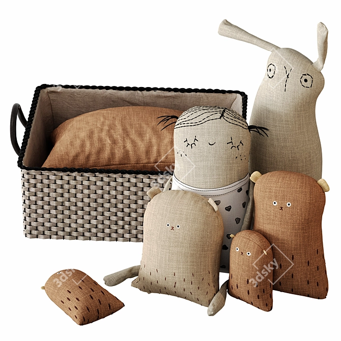 Textile Toy Set with Woven Basket 3D model image 3