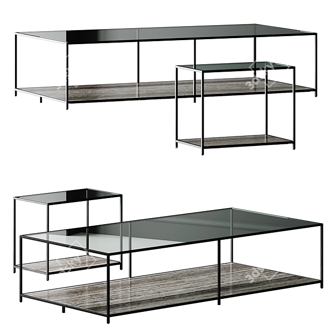 Grey Travertine Coffee Tables Set 3D model image 2