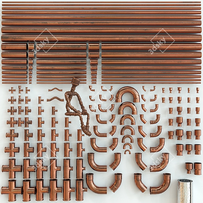 Copper Pipes & Fittings Kit 3D model image 5