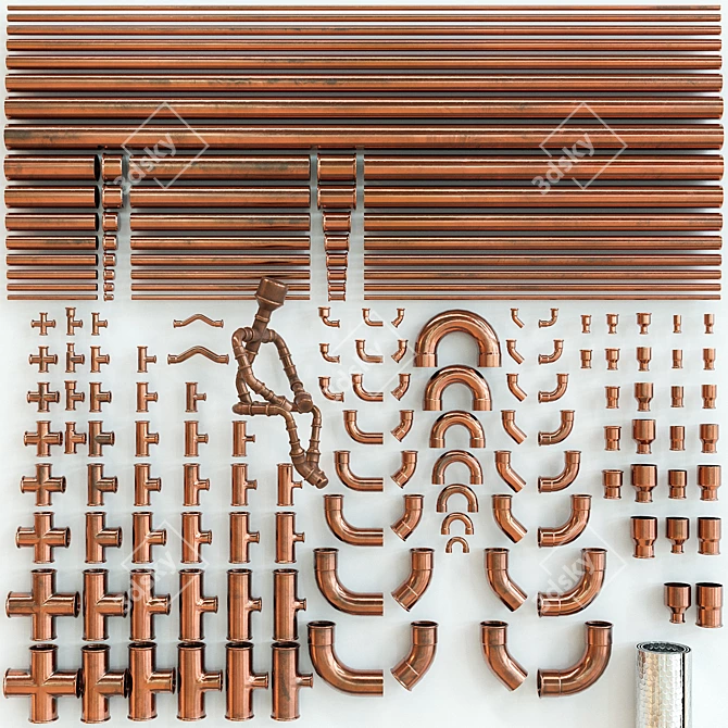 Copper Pipes & Fittings Kit 3D model image 15