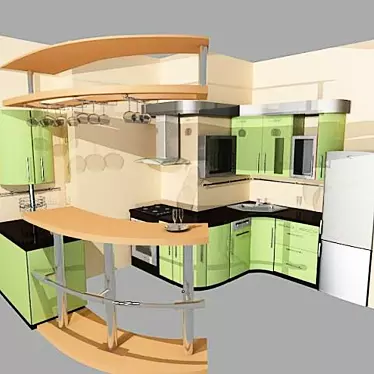 Modern Green Corner Kitchen with Appliances & Bar 3D model image 1 
