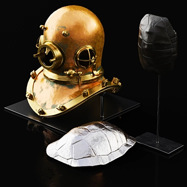 Curated Decor Set: Tortoise Shell, 3D Turtle Shell, Vintage Diver's Helmet 3D model image 1 