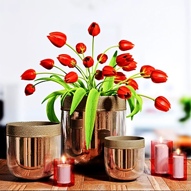 Elegant Blooms: Vase and Candle 3D model image 1 