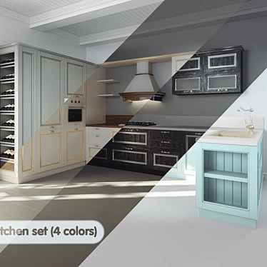 Kitchen TM &quot;DEKS&quot;, 4 types of finishes + components (hood, faucet handles, a bottle of wine)