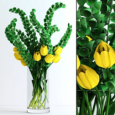 Realistic Yellow Tulips & Moluccella Bouquet 3D model image 1 