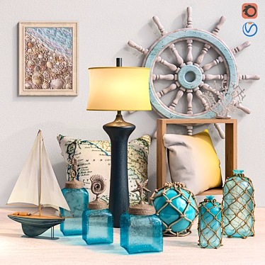 Coastal Decor Set - Sea Life Canisters, Lamp, Pillows, and More 3D model image 1 
