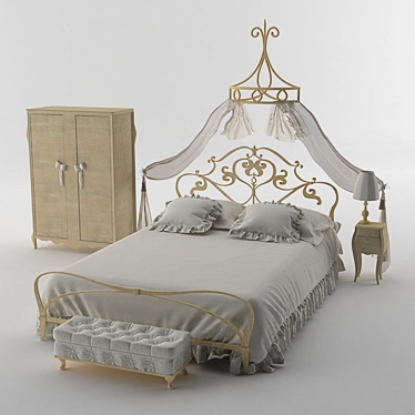 Elegant Sleep: Wardrobe, Canopy Bed, Ottoman, Nightstand & Floor Lamp 3D model image 1 