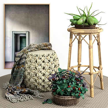 Cozy Ottoman Set: Puf, Blanket, Poster, Plant, Chair, Rug 3D model image 1 