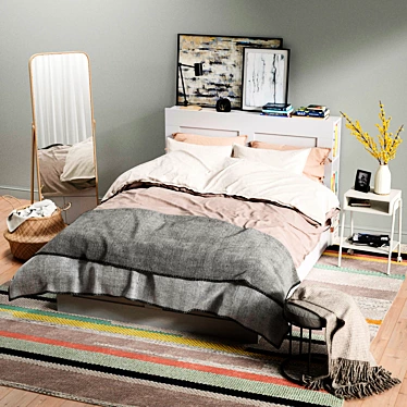 IKEA BRIMNES Bed Set: Mirror, Lamp, Nightstand, Basket & Rug 3D model image 1 