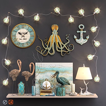 Coastal Decor Set: Shelves, Statuettes, Clock, Lantern & More 3D model image 1 