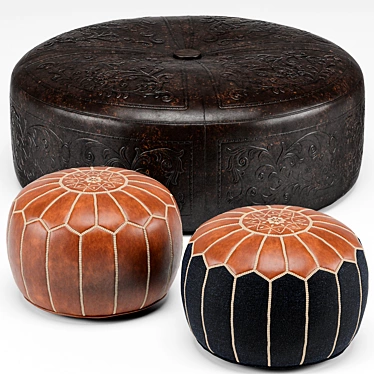 Short unique title: Hand-Carved Leather Pouf Set 3D model image 1 