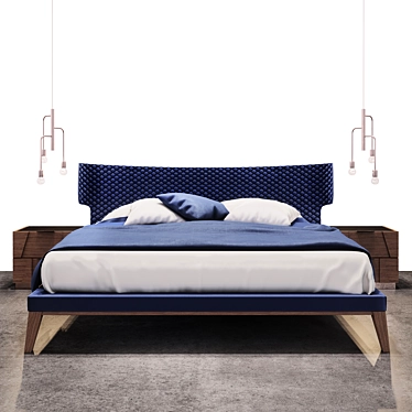 Velvet Slash Bed & Nightstands with Aged Brass Accents 3D model image 1 