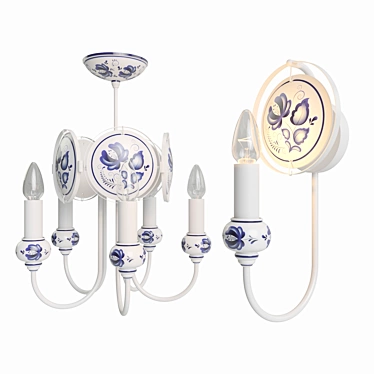 Gzhel-inspired Chandelier & Sconces Set 3D model image 1 
