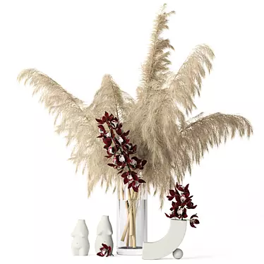 Realistic Pampas Grass & Cymbidium: Elegant Vases 3D model image 1 