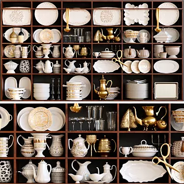 Wardrobe in service. Crockery, porcelain, tray, teapot, gold, kitchen utensils