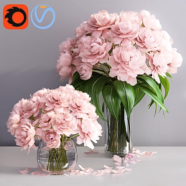 Pastel Pink Peonies Glass Vases Set 3D model image 1 