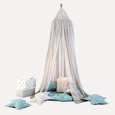 Children&#39;s canopy and decor in gray-blue tones