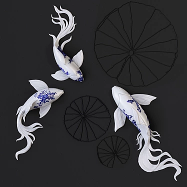 Elegant Blue and White Koi Fish Wall Sculptures 3D model image 1 