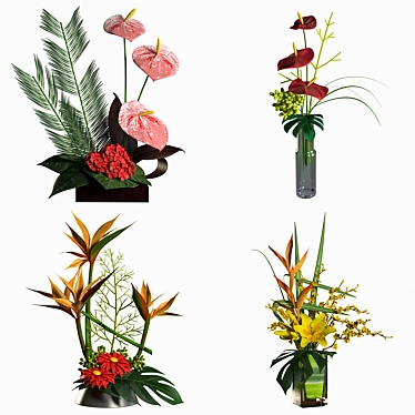 Tropical Blossom Bouquets: Anthurium, Gerbera, Lily 3D model image 1 