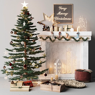 Festive Holiday Decor: Fireplace, Lights, Tree 3D model image 1 