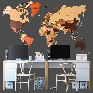 Wooden Office Set with World Map 3D model image 1 