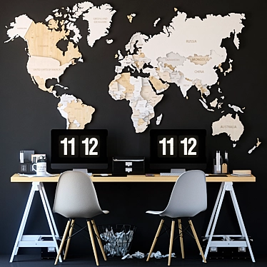 Vintage Office Set with World Map 3D model image 1 