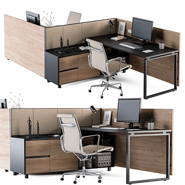 Cream Wood Office Desk Set 3D model image 1 