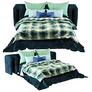 Checkered Green Velvet Bed Set 3D model image 1 