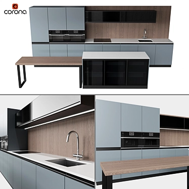Blue Kitchen Set: Omoikiri Mixer, Kuppersbusch Oven & Microwave 3D model image 1 