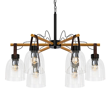 Amber Glass Chandelier with Wooden Horns 3D model image 1 