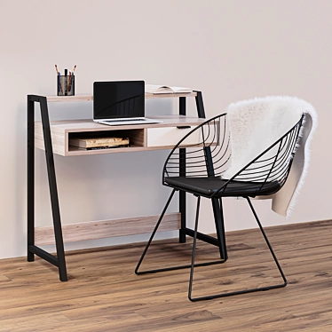 Modern Wood Desk & Metal Accent Chair 3D model image 1 