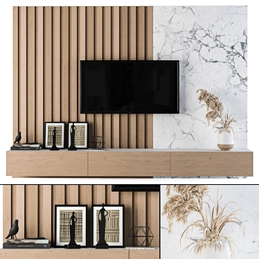 Elegant Wood & Marble TV Wall Set 3D model image 1 