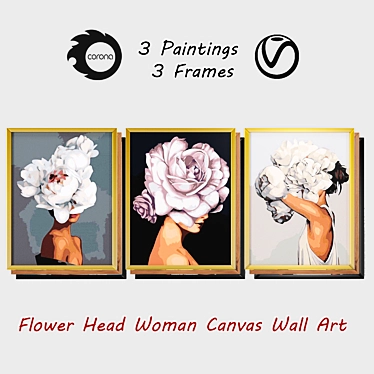 3-Piece Art Line Frame Set: Flower Head Woman 3D model image 1 
