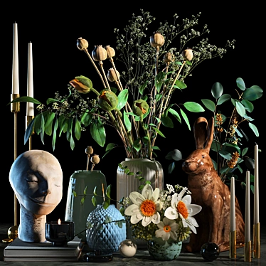 Decor Set: Sculpture, Rabbit Vase & Candle Holder 3D model image 1 