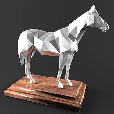 Polygonal Horse Sculpture on Wooden Platform 3D model image 1 