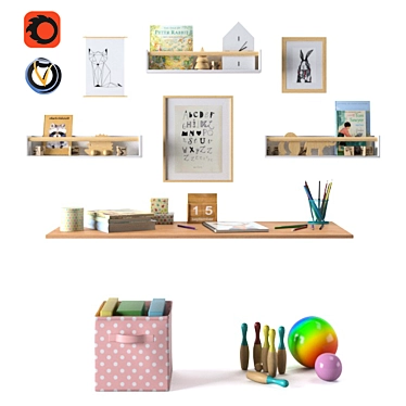 Delightful Kids Decor Set: Storage Box, Shelves, Elephant Toy & Wooden Blocks 3D model image 1 